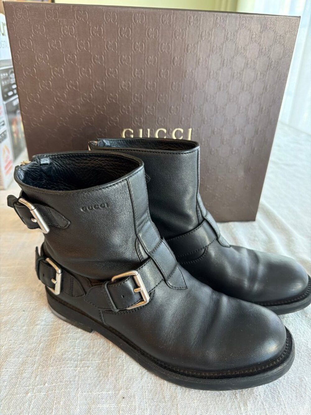 Gucci Black Leather Buckle Moto Ankle Boots